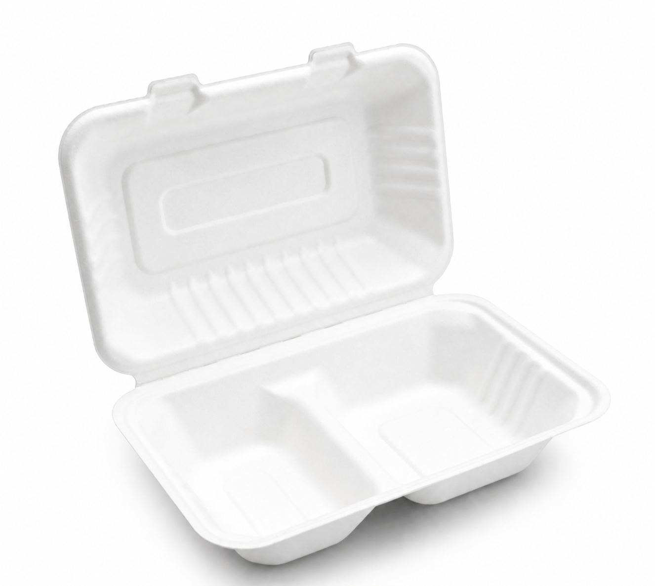 White 2-compartment sugarcane bagasse takeaway box